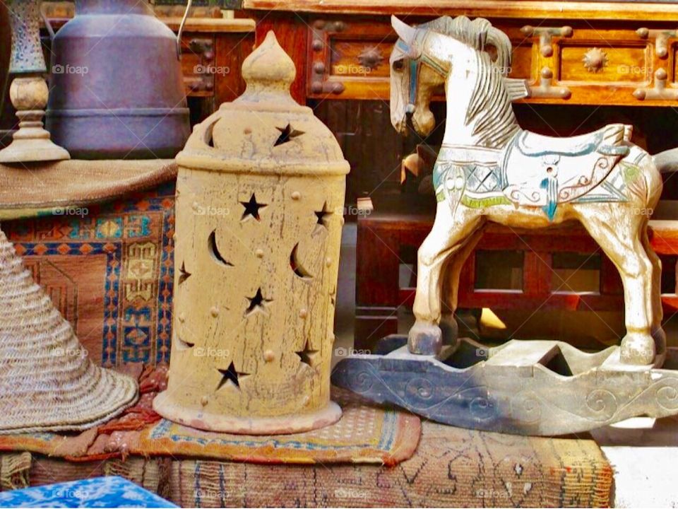 Antiques. Rocking horse. Lantern. Market.  Souq. Bazaar. Treasures. Home Decor 