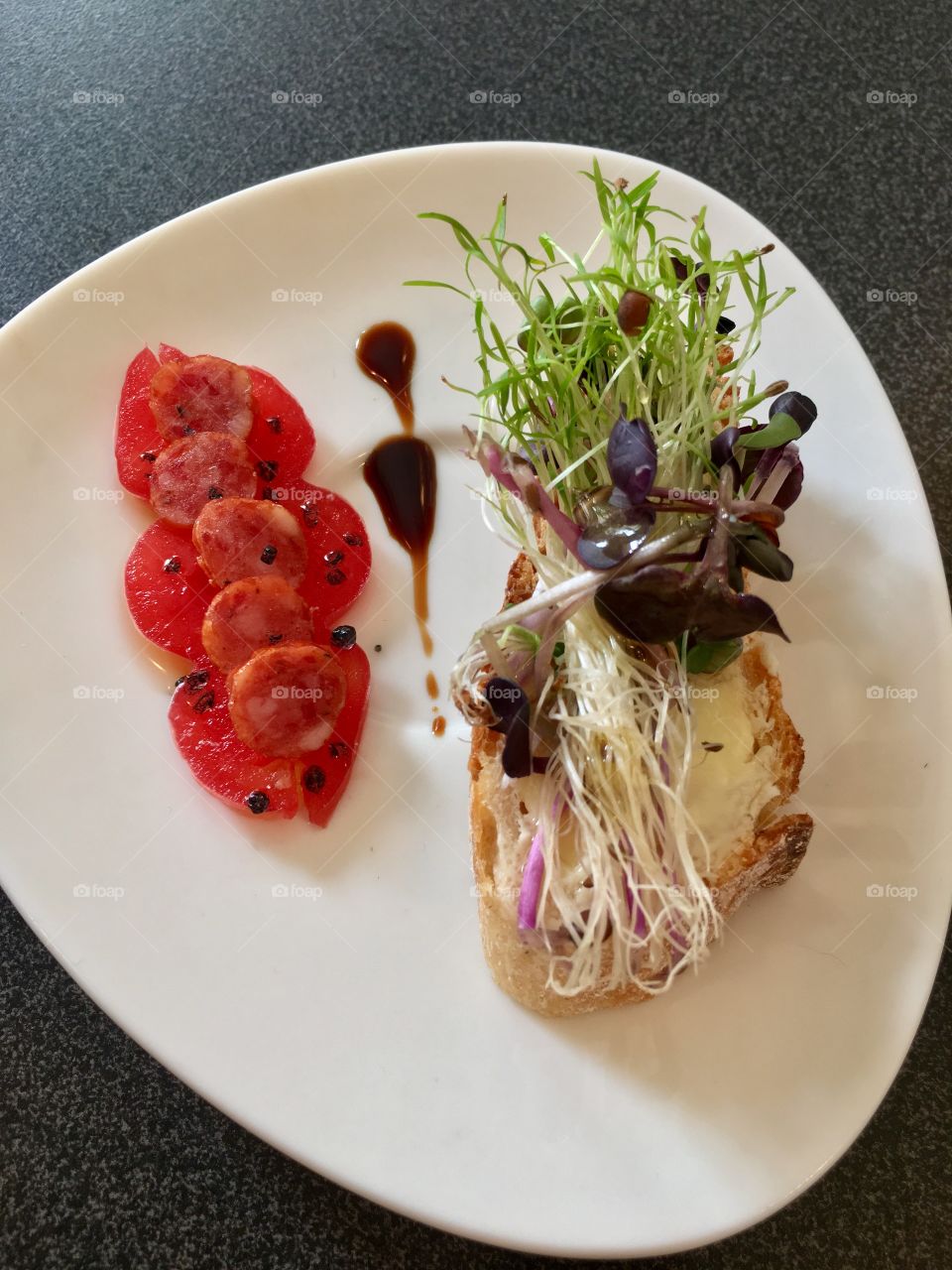 Delicious healthy appetizer snack from chef with micro greens. 