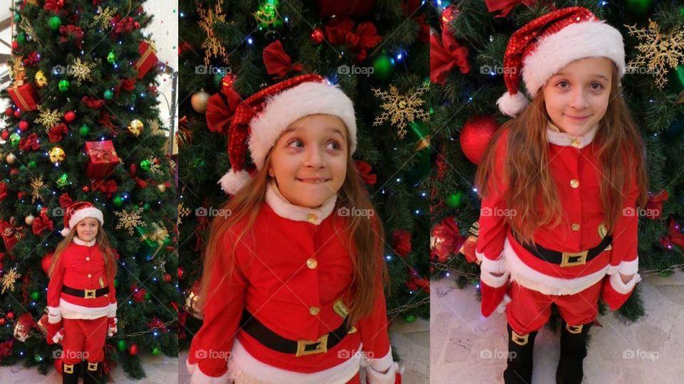 collection of images of a child dressed festively as santa claus by a beautiful golden Christmas tree