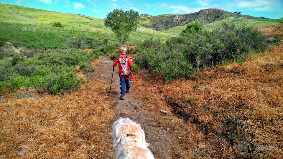 A boy leading his dog