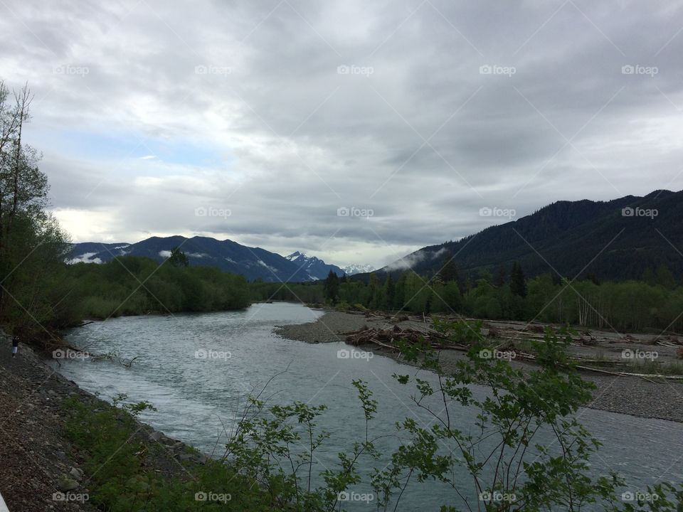 Hoh River in spring, Mt Olympus in the background. 