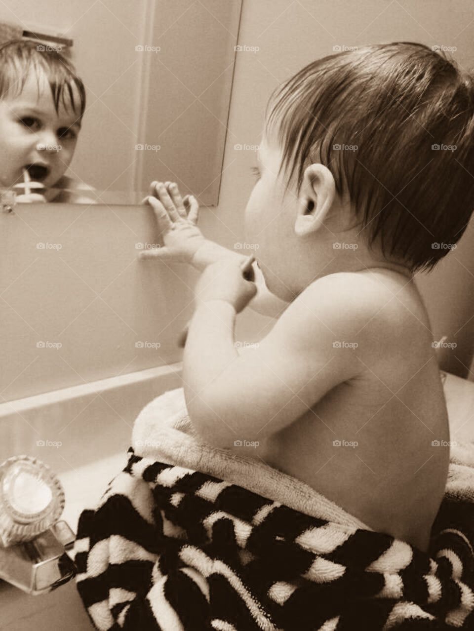 Big boy brushing his teeth. 
