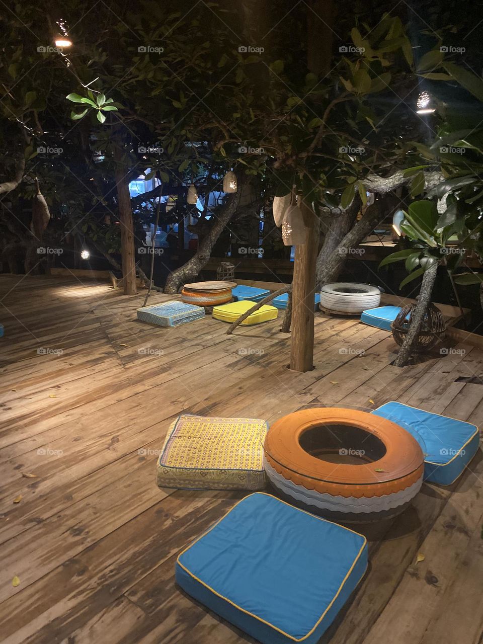 Cozy waterfront restaurant at night time 