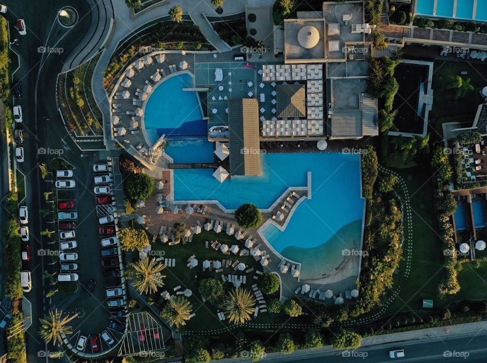 Aerial view of hotel area and swimming pool