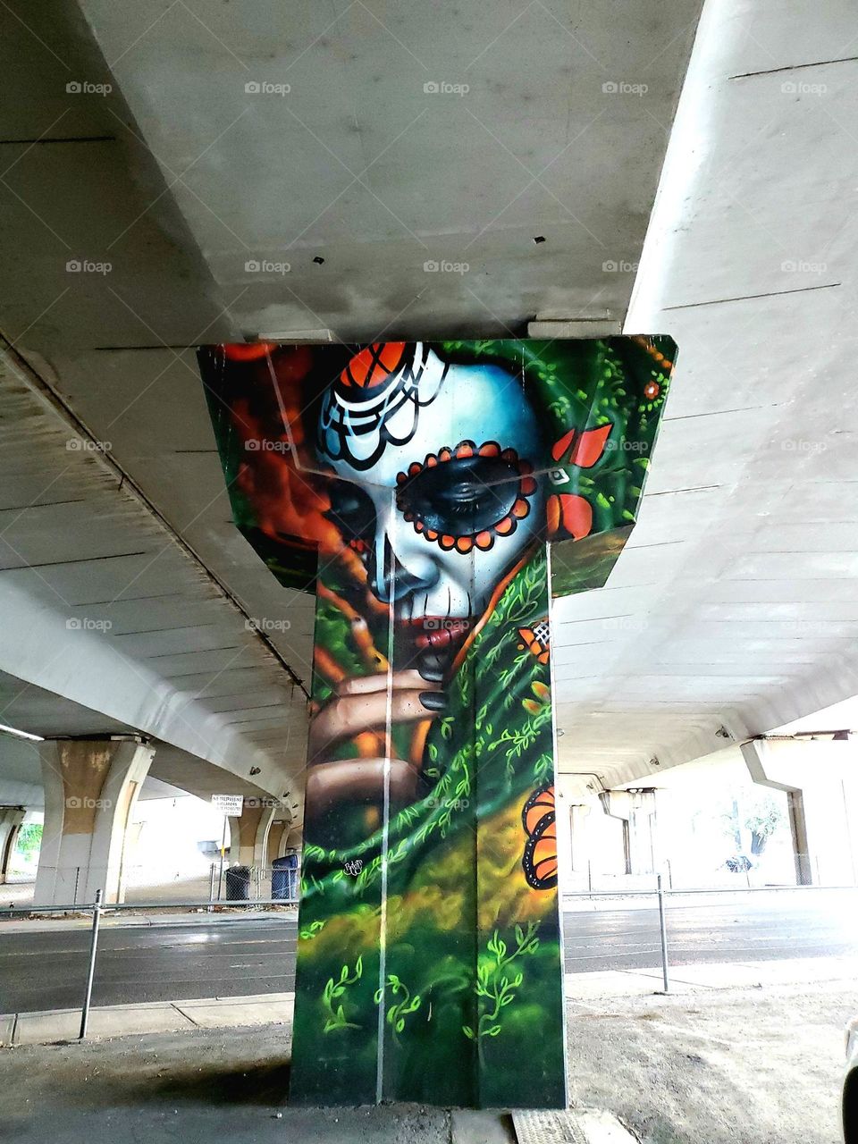 Captivating visual street art on a cement highway pillar underpass, celebrating Dia de los muertos/ Day of the dead. A Mexican cultural tradition of celebrating and remembering those that have passed. Artist: @PauLGaris0n13