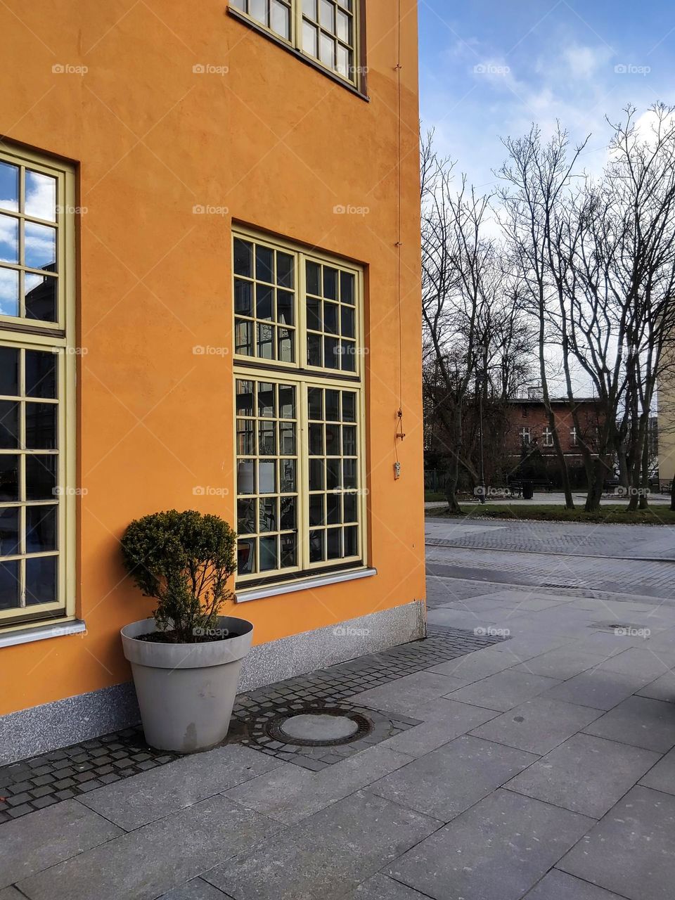 Picture of a city street. Corner of a cute yellow building.