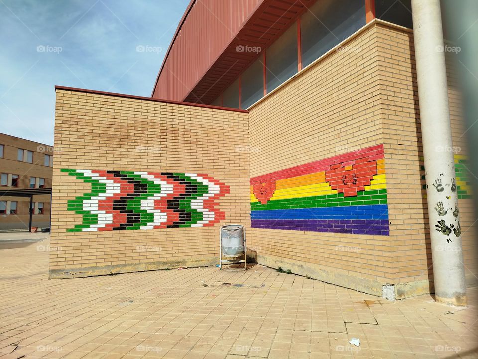 beautiful mural in school in Spain, rain of colors