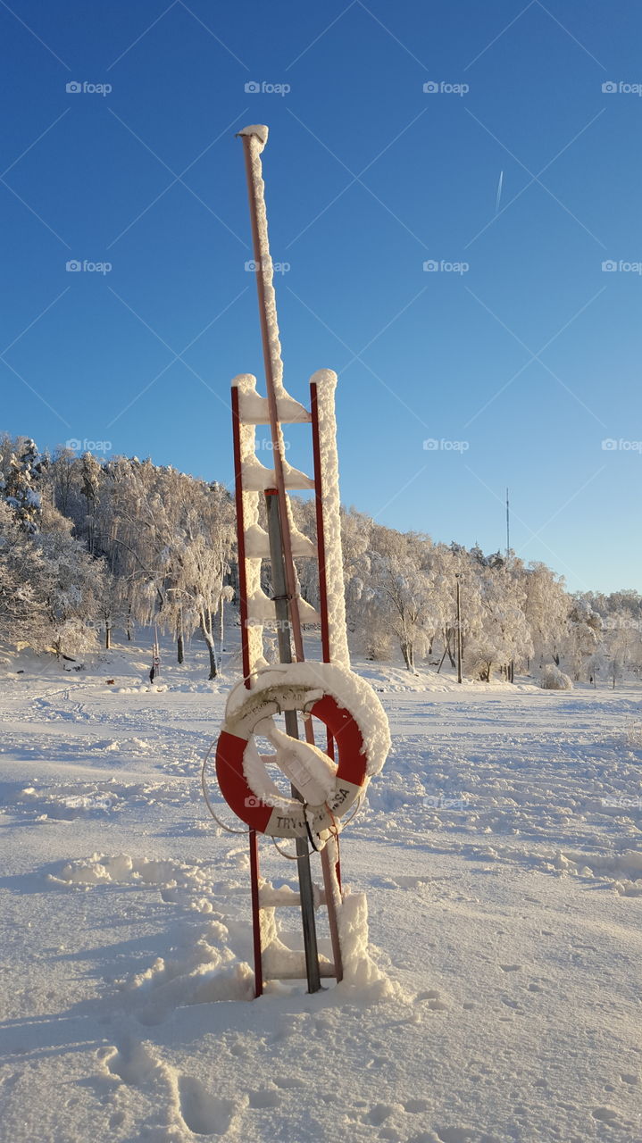 Ladder and life ring covered by snow in winter