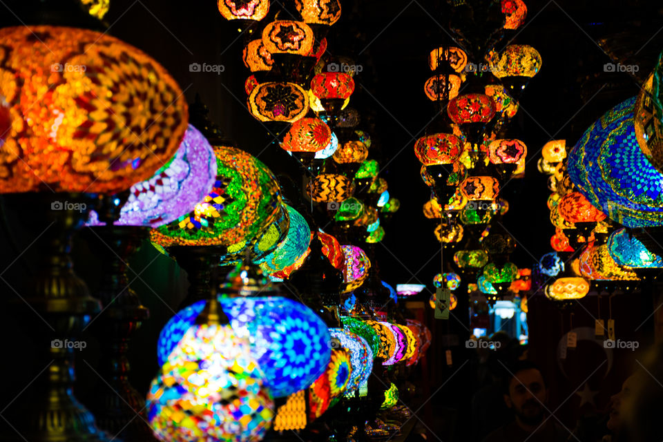 colourful light. lamps on display at Camden market, London