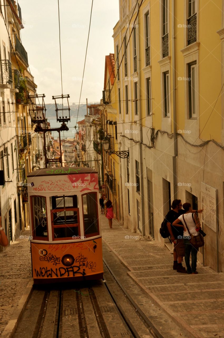 Tram on a city Street in Lisbon