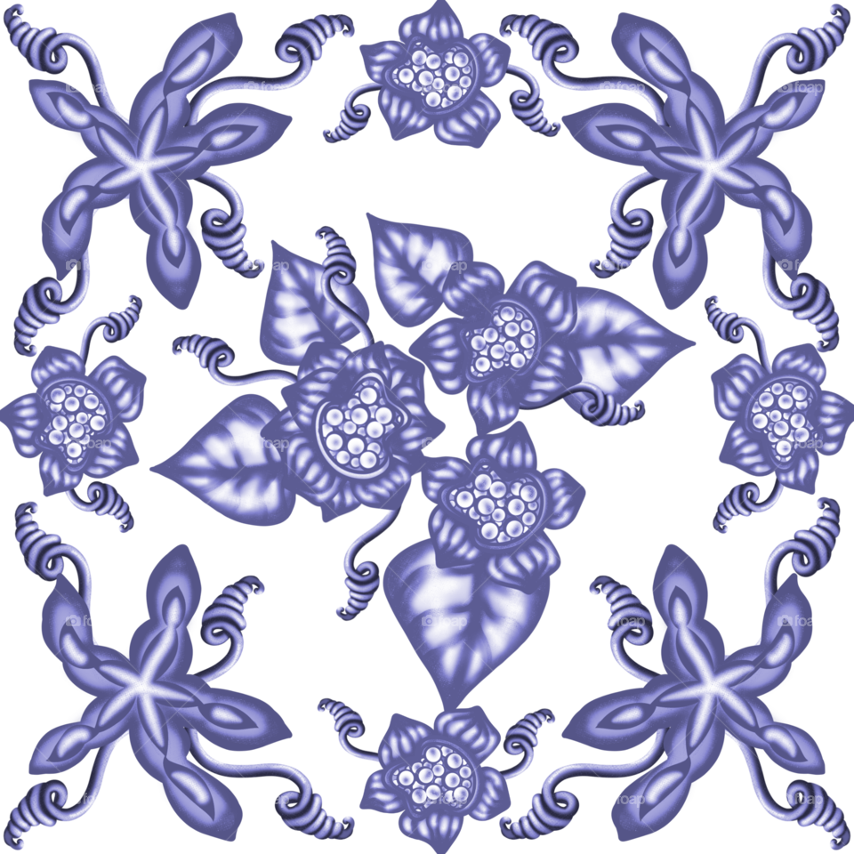 blue fantasy flowers and patterned leaves