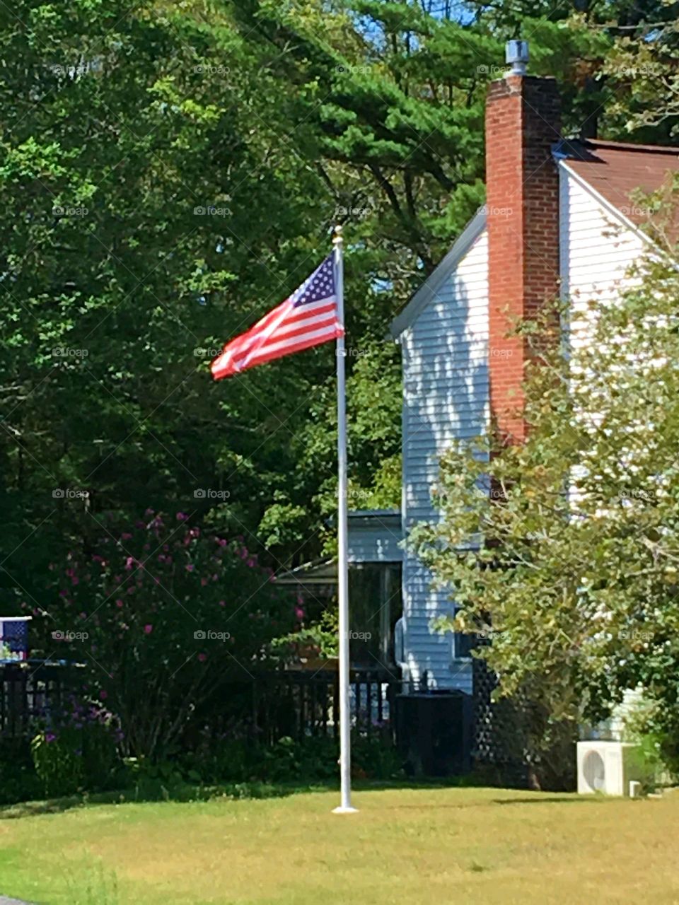 American Flag flying on flagpole in front yard. Flag flying on a windy day against trees in sunshine.