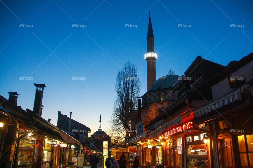 Sarajevo by night. Mosque and other buildings in Sarajevo at night. 