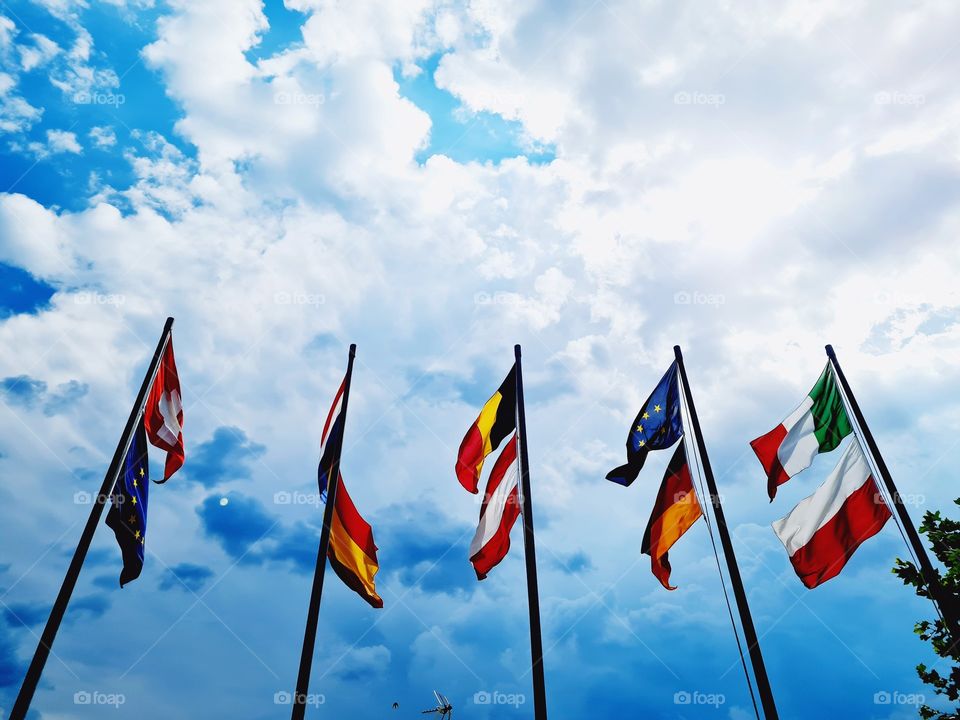European flags blowing in the wind