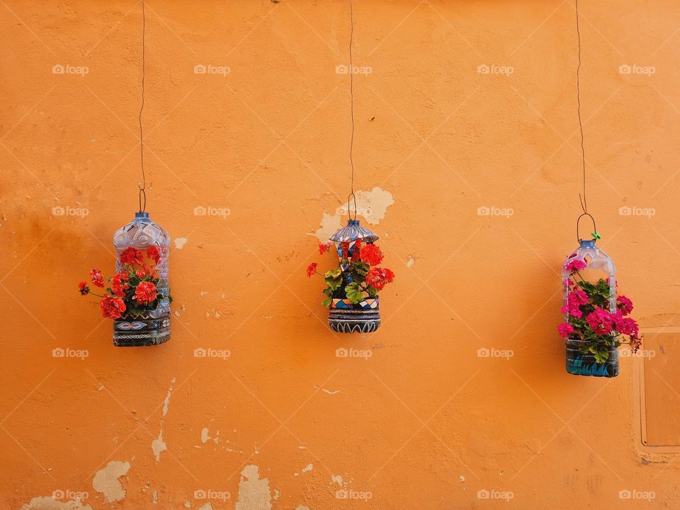 flower pots made from plastic bottles hanging on the colorful wall