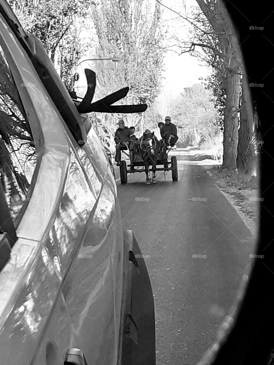 desde el espejo retrovisor, carro a caballo antiguo