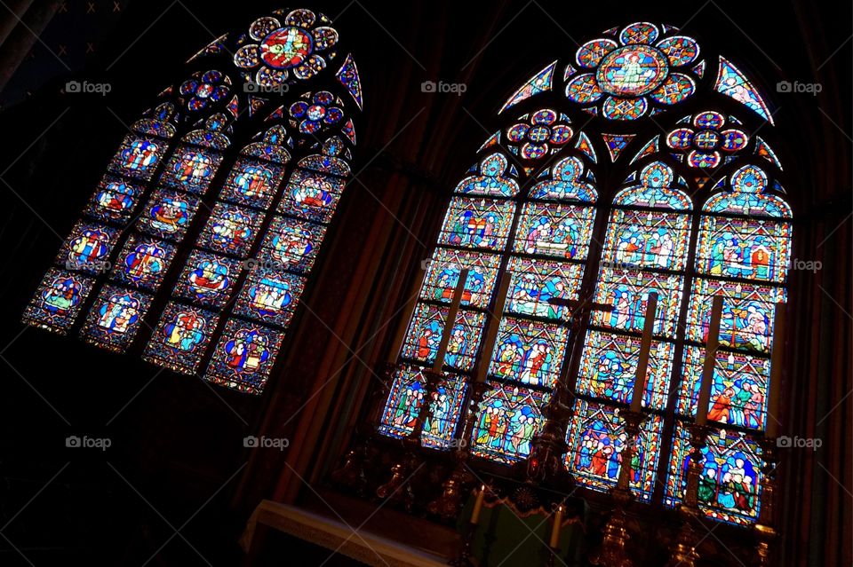 Beautiful stained glass at Notre-Dame Cathedral, Paris