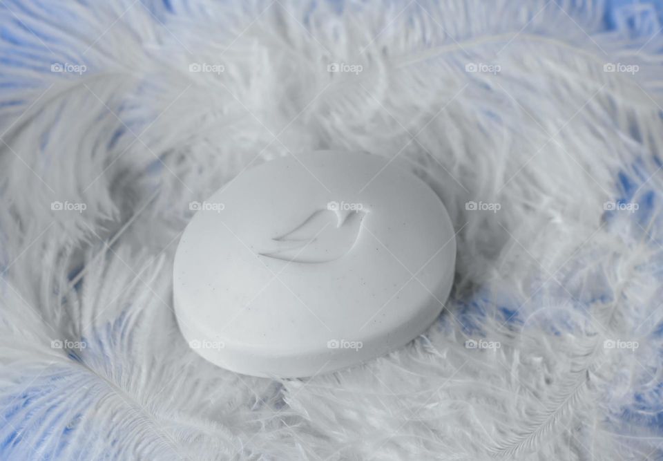 A bar of Dove soap on a bed of white feathers