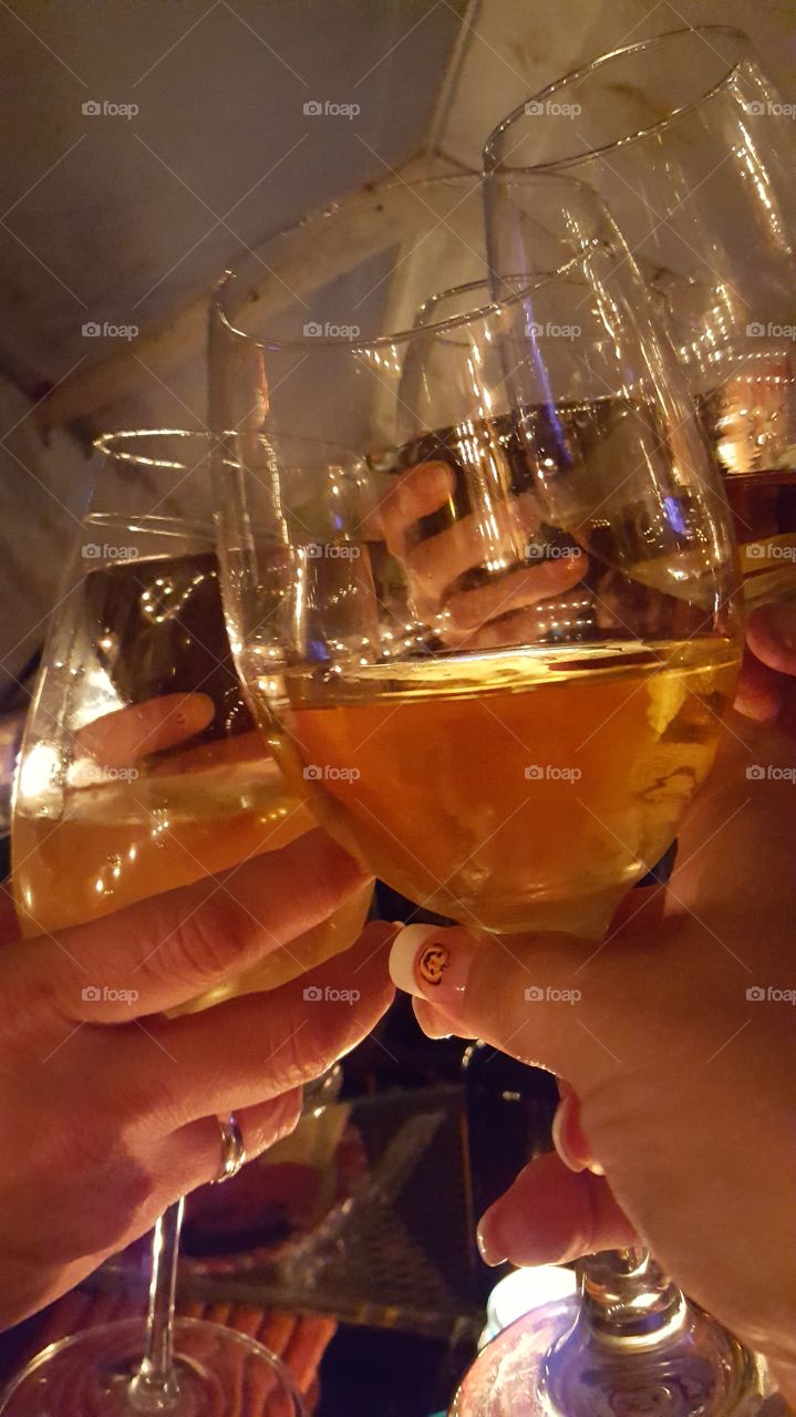 Friends give a toast with their wine glasses during an evening out together.