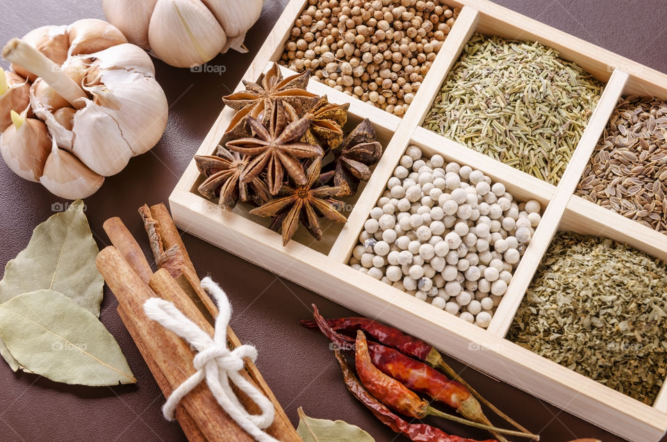 Spices in a wooden box 
