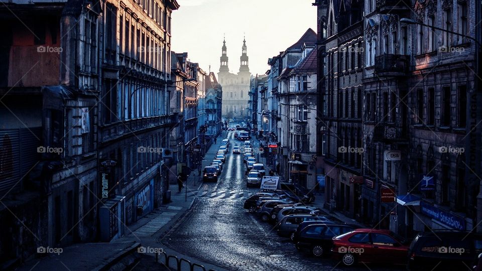 morning, street, cityscape, church, Poland