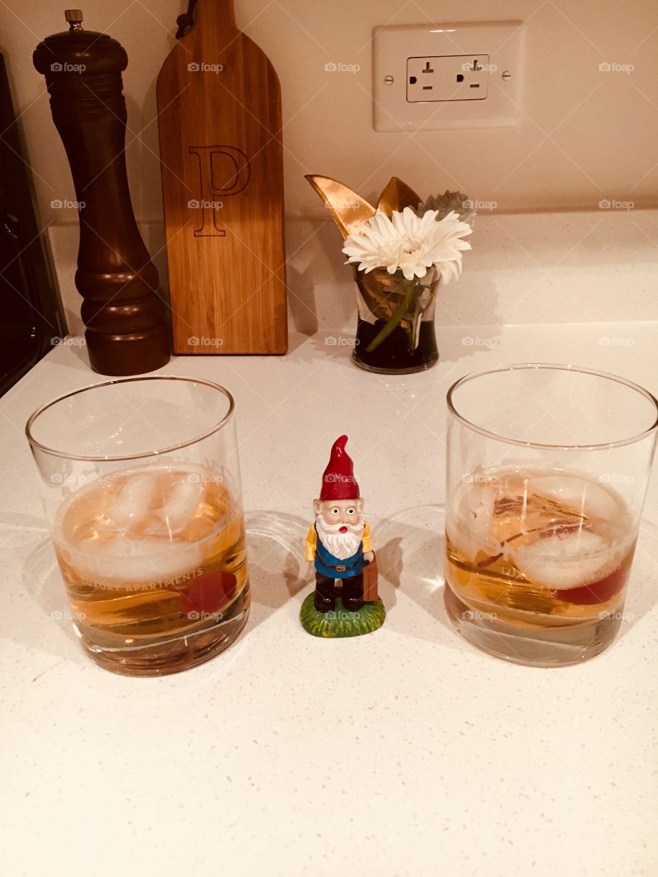 Gnomey hitting up some delicious old fashioneds in our new house. Smooth bourbon, luxardo cherrys. Delish