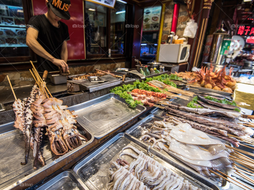 Asia, china streer food, sea food at street sellers in Qingdao