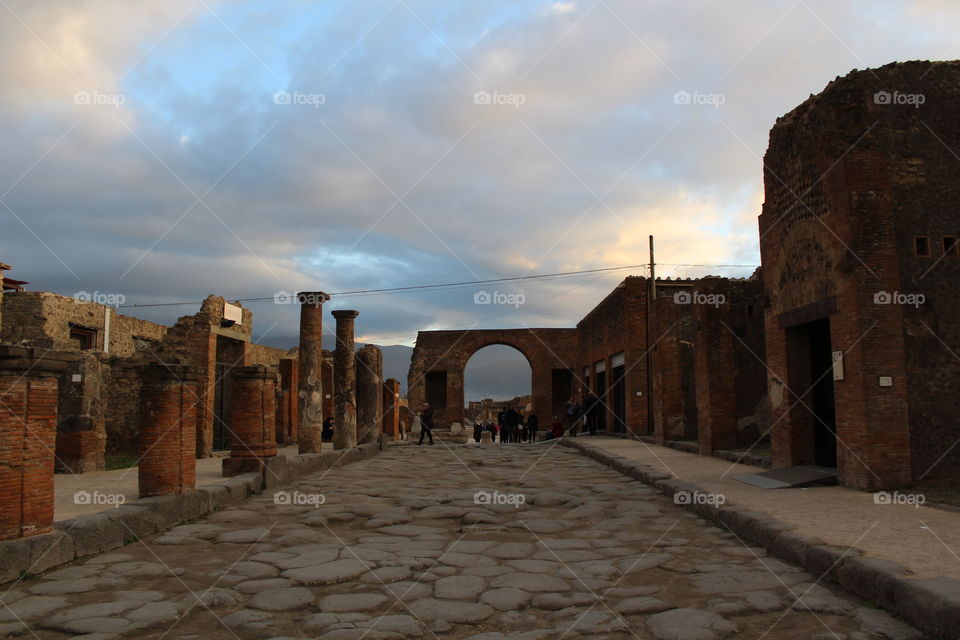 Archaeological site in Pompeii, Italy. Ruins, stone street.