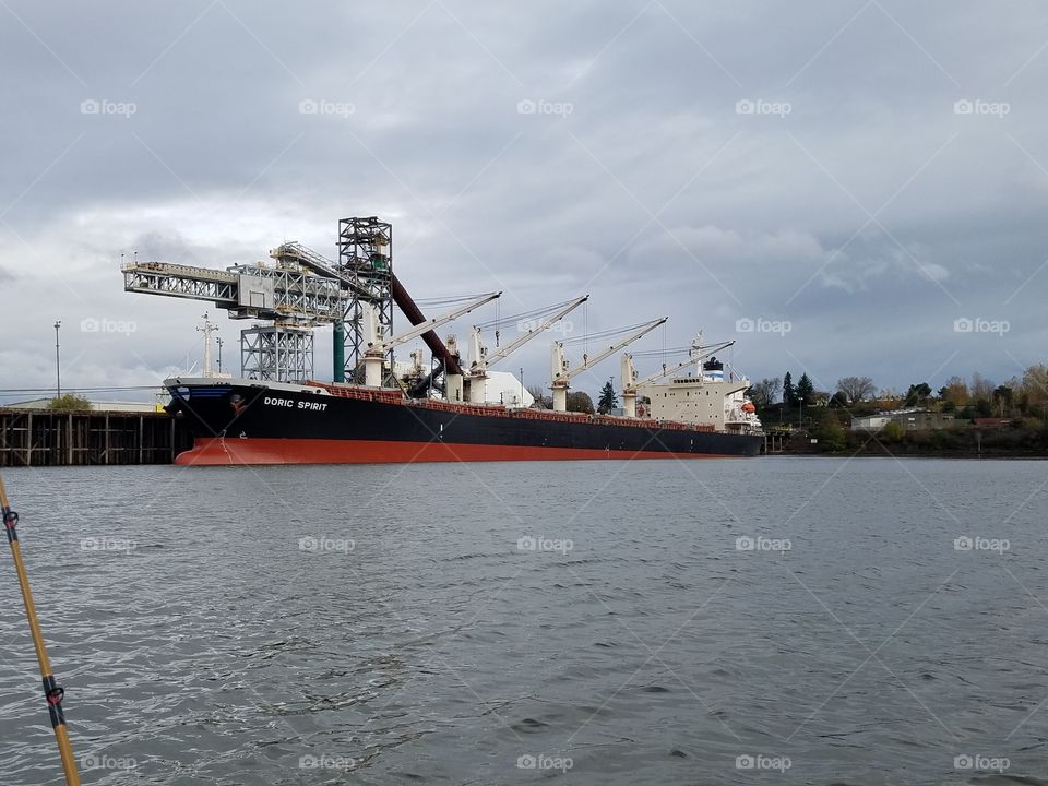 Huge transportation ship on the Willamette river in Portland Oregon.