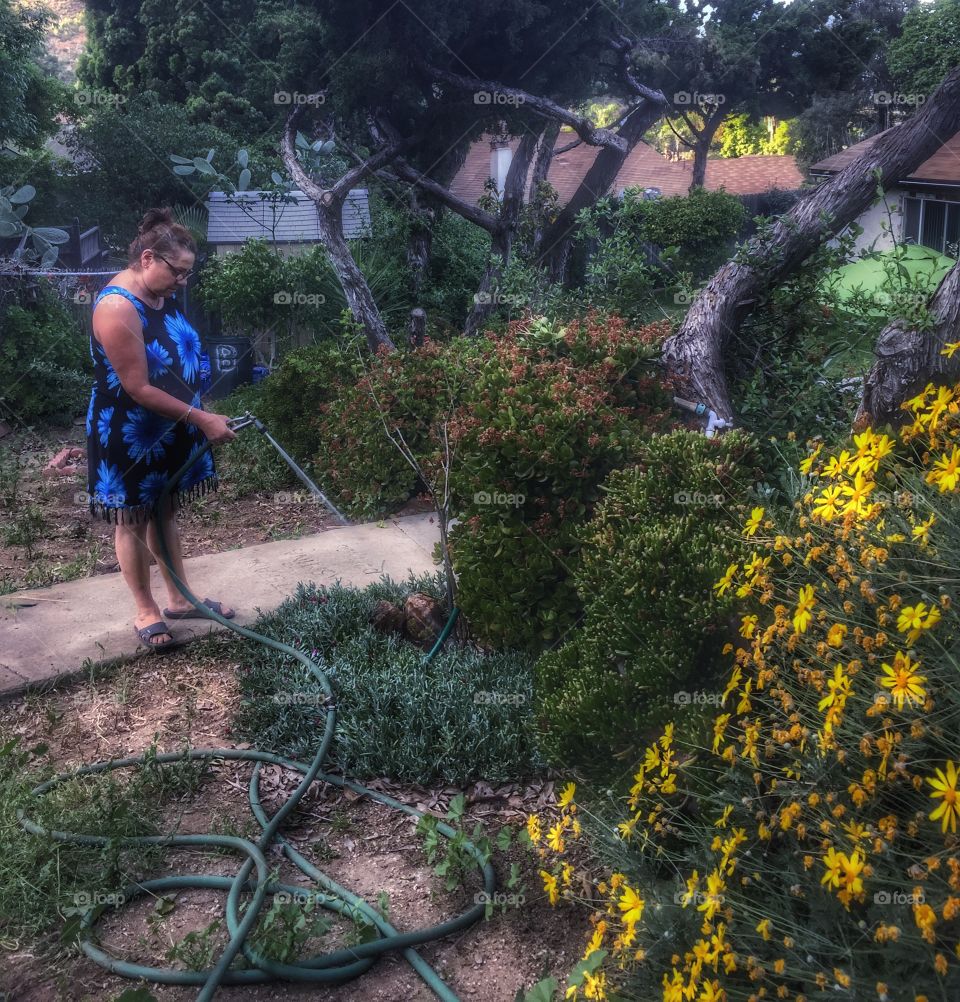 Woman watering with pipe hose in garden