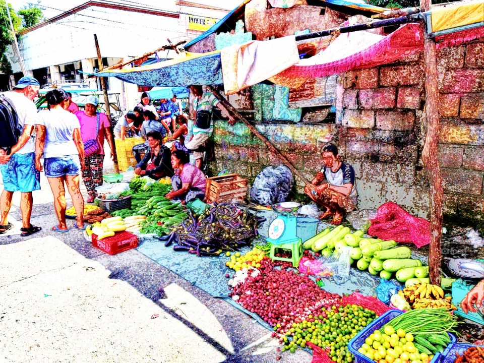 Crayon drawing of local vegetable and fruit market in Mamburao, Mindoro, Philippines