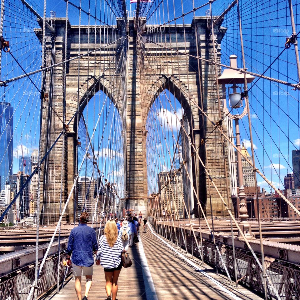 Brooklyn bridge . Taking a stroll over the bridge