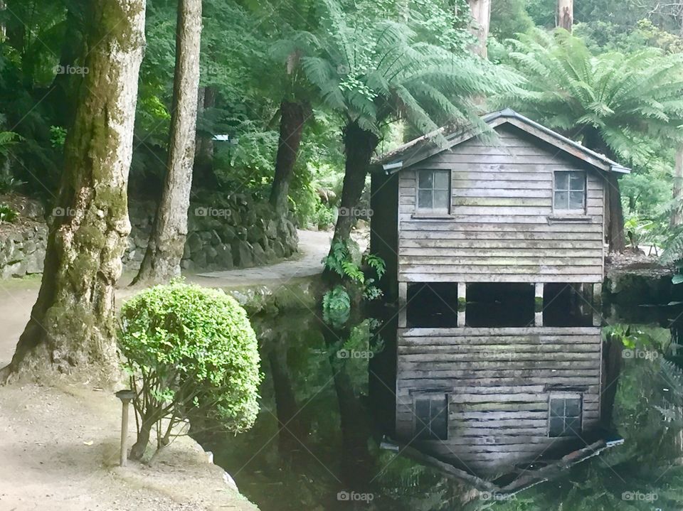 Reflections of the old boat house in the gardens