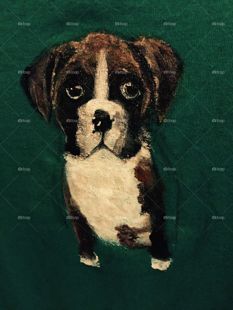 Brown and white painting of boxer puppy. 