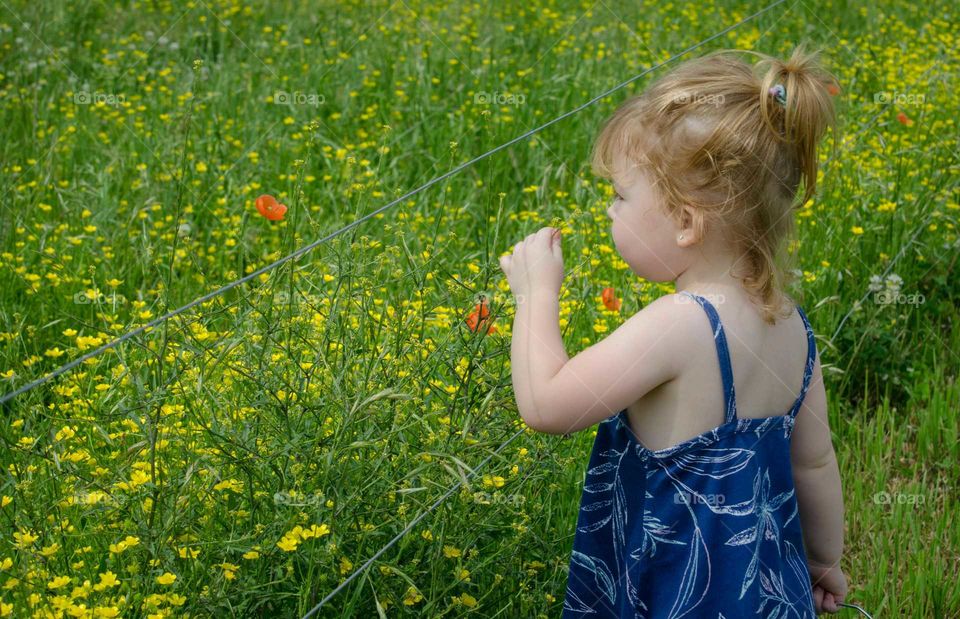 Cute girl smelling flower in the field