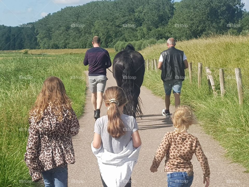 Walking with horse summer time