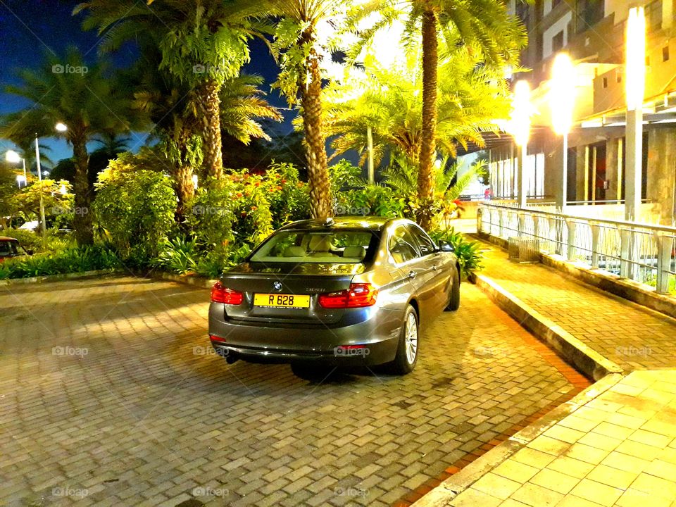 Luminous Hotel at Night time with beautiful surroundings of plants, date trees, paving slabs on the ground. A BMW Car on the Center.