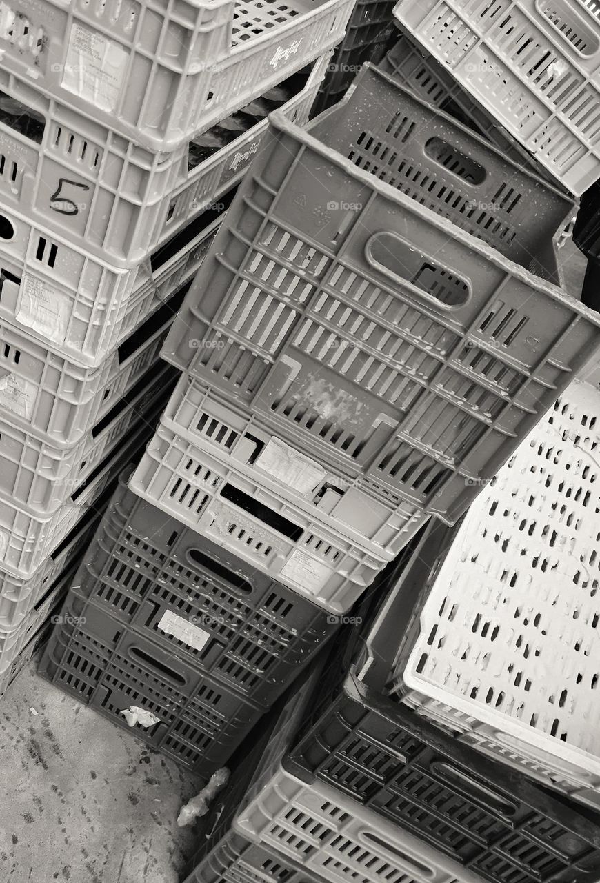 Perspective shot of food boxes with the intention of simulating building blocks.