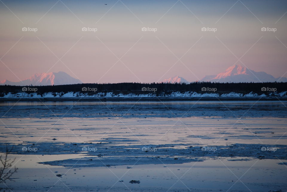 The Majestic Trio. View from Anchorage, Alaska. Mount Foraker, Mount Hunter, Mount McKinley (Denali)