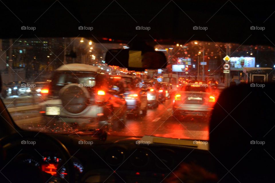 night street light road view in a car