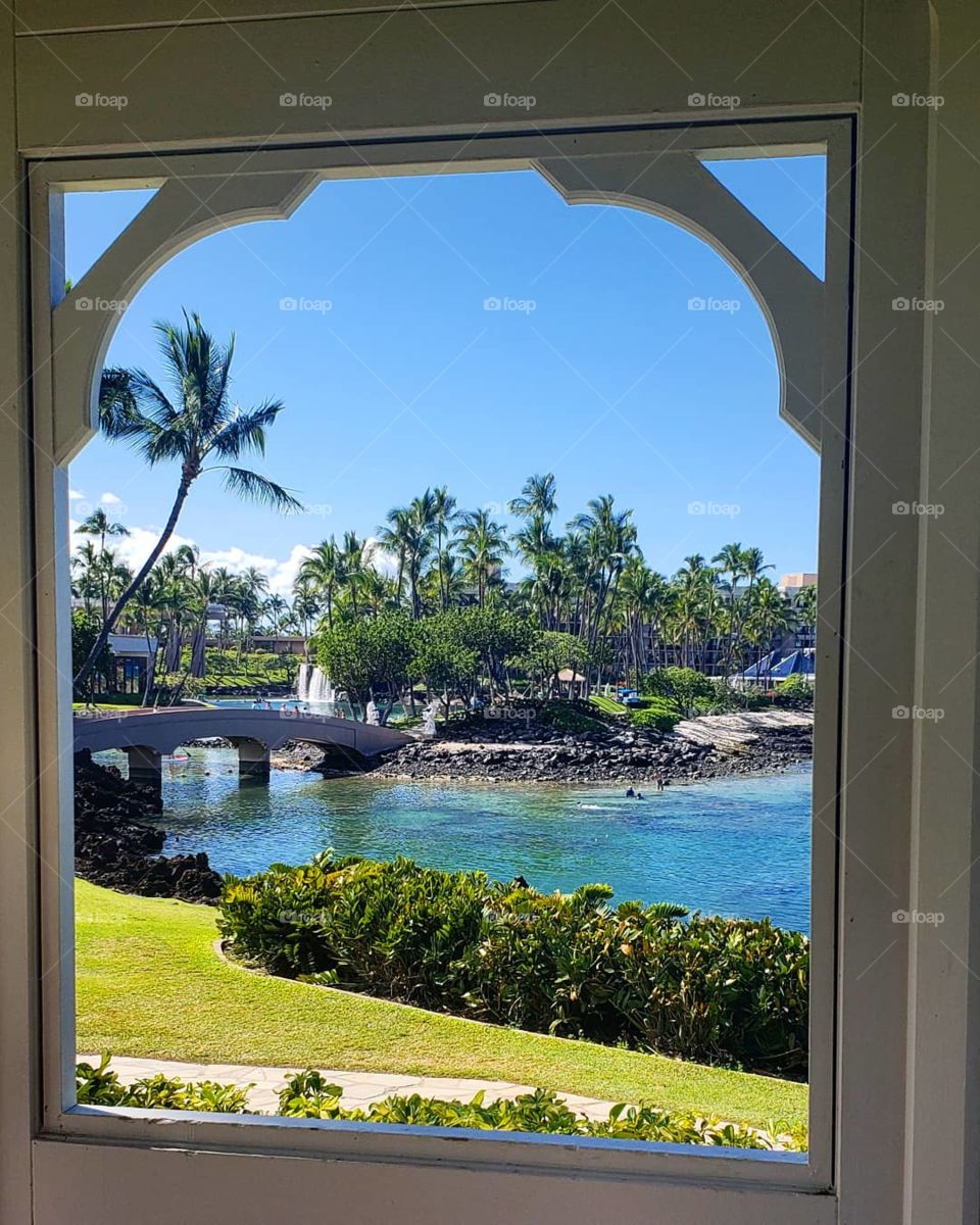 Waterfront tropical building with scenic windows and view, Hawaii