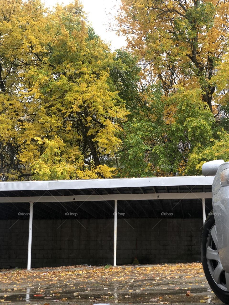 A series of covered garages in an apartment complex 