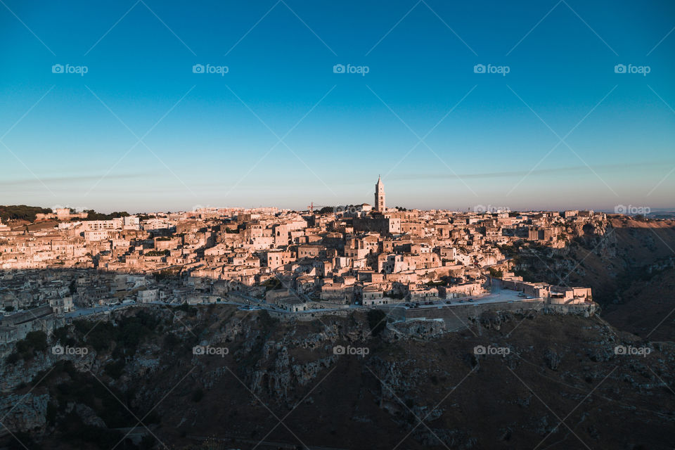 Panoramic view of Sassi of Matera at sunrise