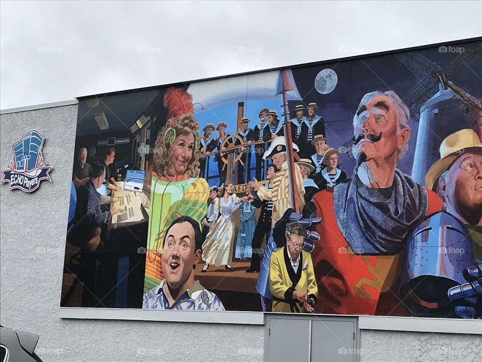Fantastic mural on the exterior of the community theatre in Qualicum, British Columbia, Canada