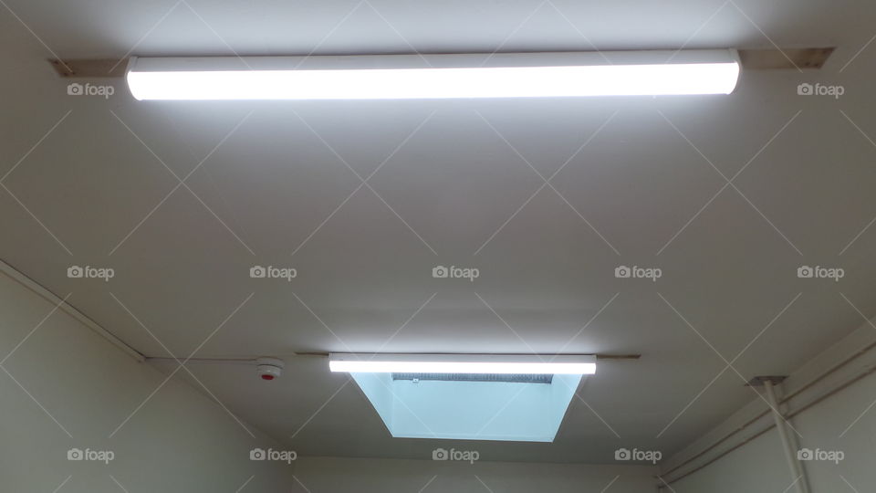 strip lights and sky light window in the ceiling