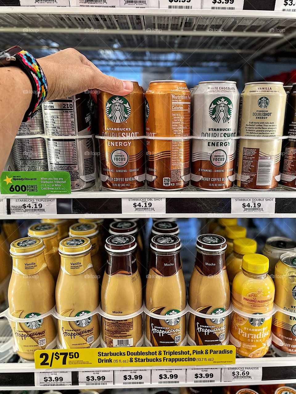 Shopping for caffeine, buying a Starbucks drink, getting caffeine at the grocery store, delicious canned caffeinated drinks, caffeinated beverages at the grocery store