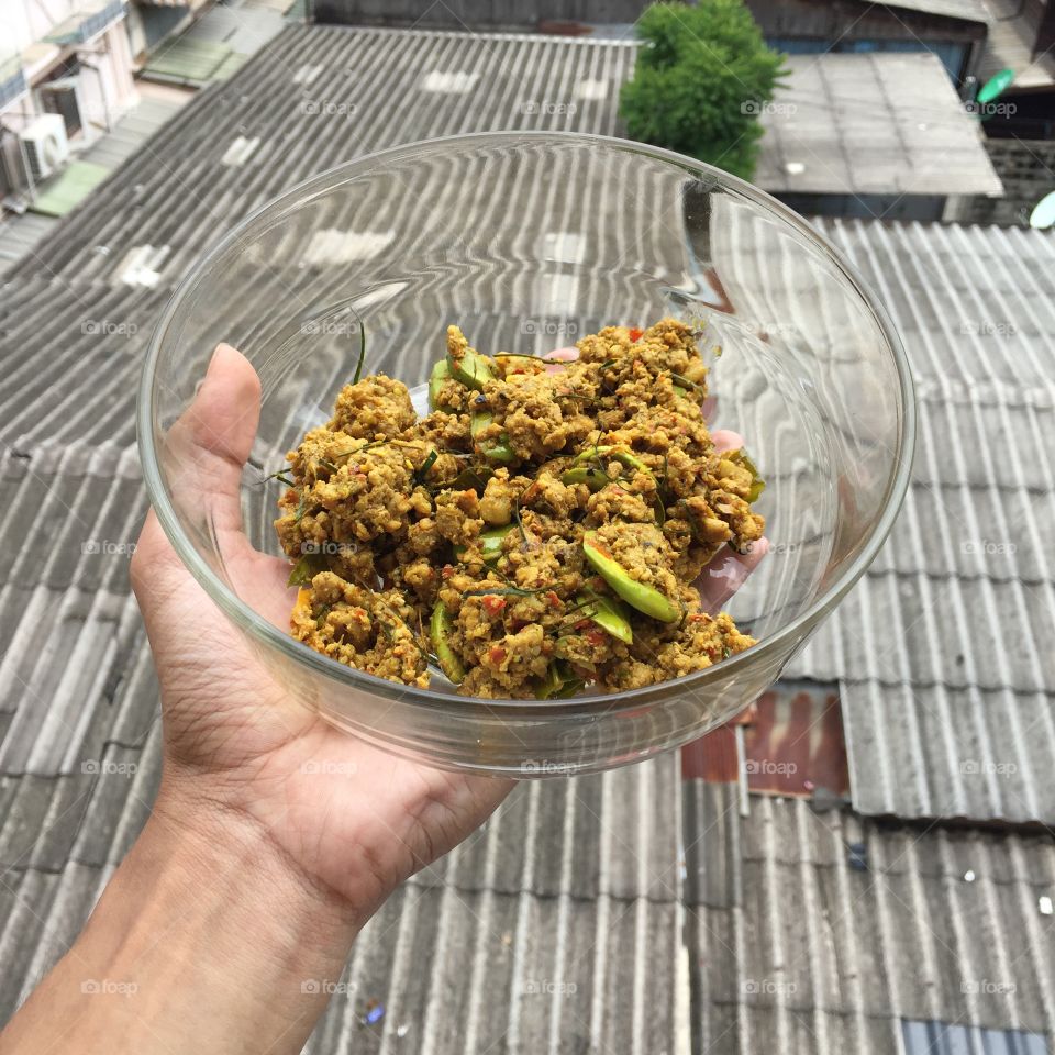 Fried ground pork with chilli paste of southern of Thailand, very spicy and many delicious .