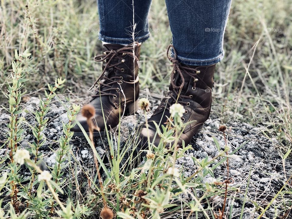 Vintage boots in Grassy Field