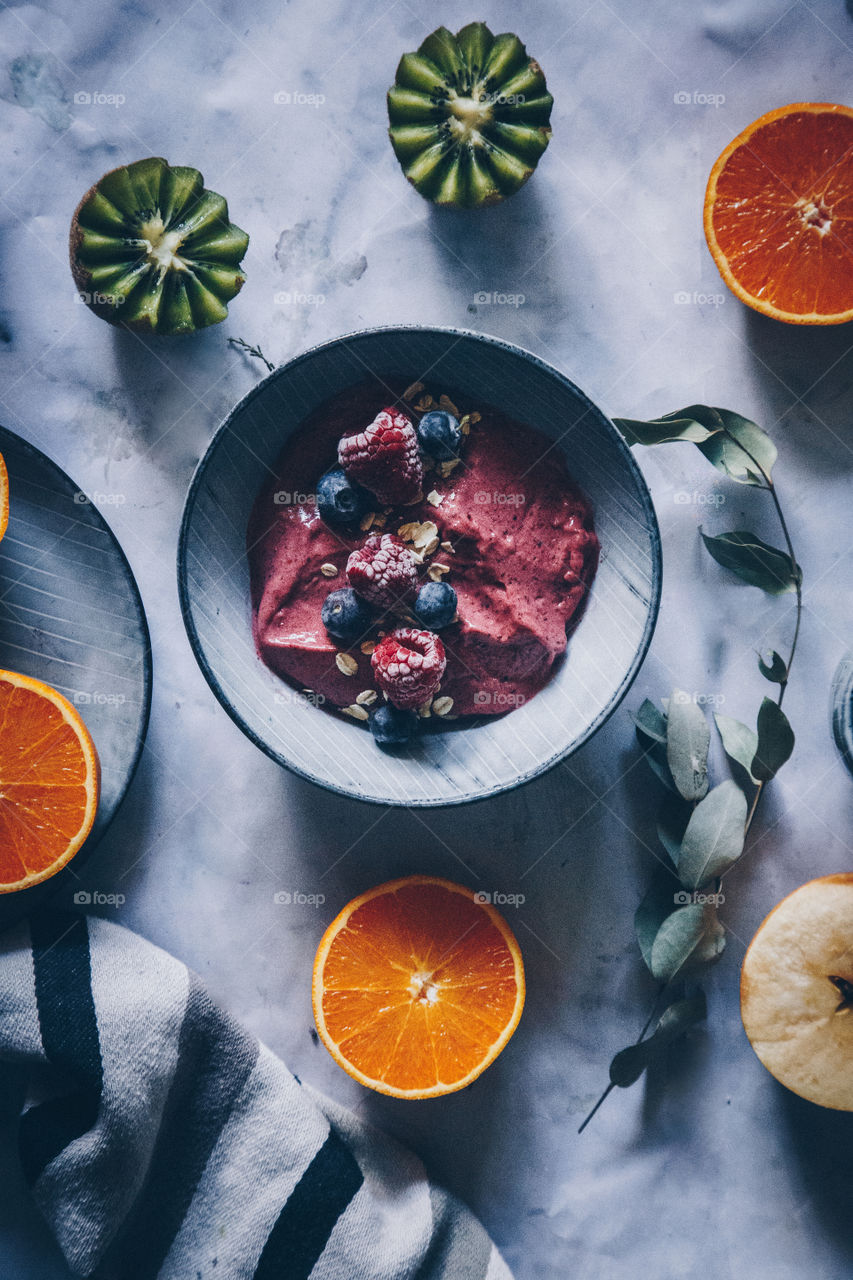 High angle view of mix fruit smoothie