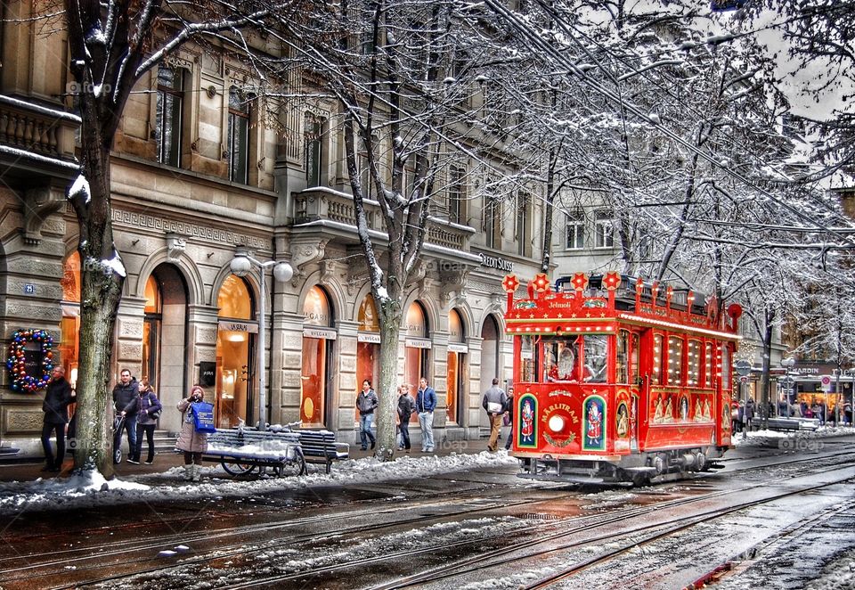 Christmas in Zurich. Children's Christmas tram in Zurich, Switzerland 